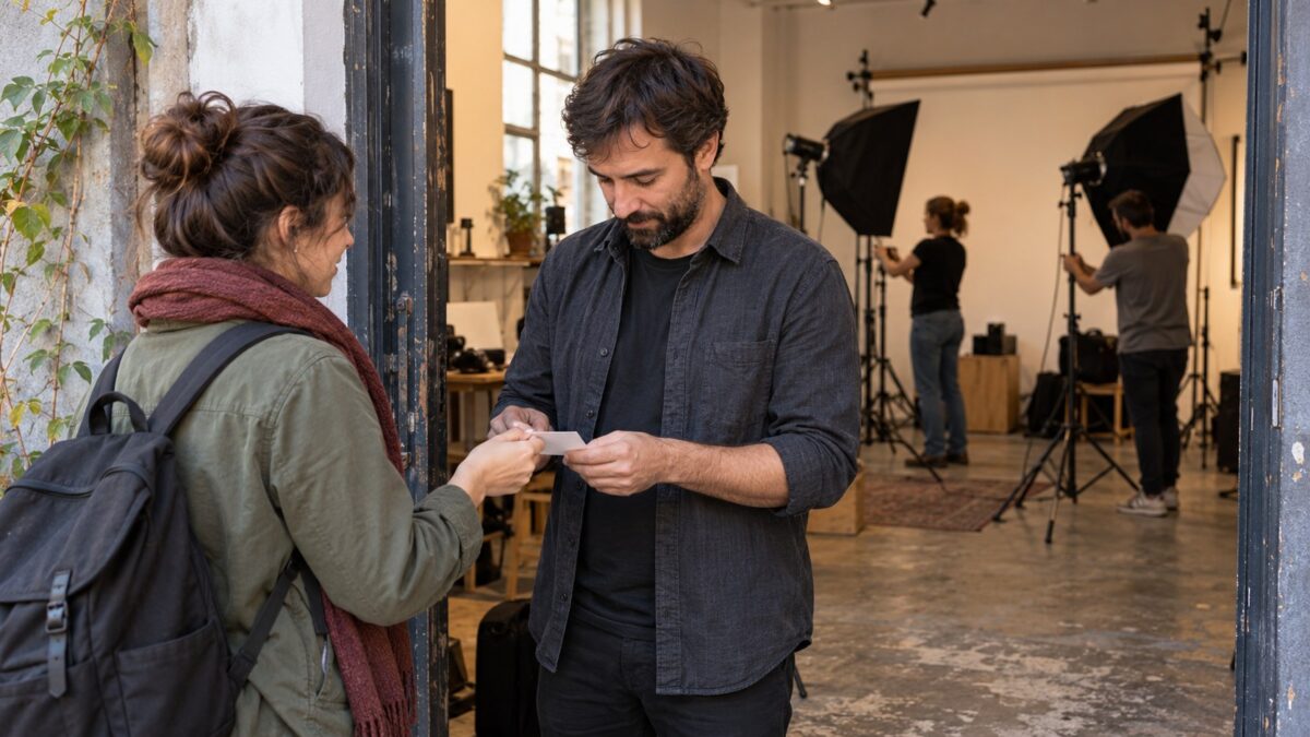 A workshop host checks an attendee’s paper admission card at the entrance while two participants arrange studio lights in the room behind them.