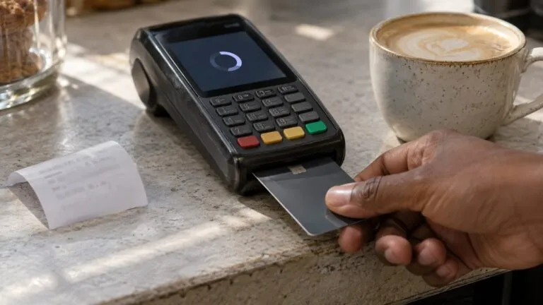Close-up of a hand inserting a bank card into an unbranded payment terminal beside coffee and an unreadable receipt on a sunlit café counter.