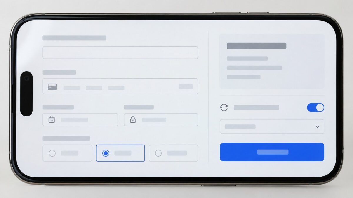 Close frontal view of an unbranded smartphone displaying blank payment setup fields, amount options, a subscription toggle, and a blue publish control.