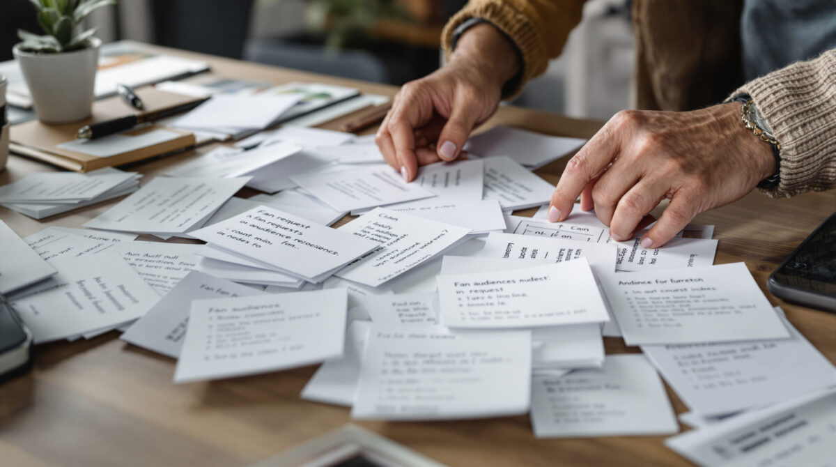 Creator and founder sorting real audience request notes