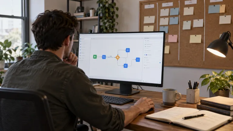 A developer testing an automation workflow on a workstation beside a physical process board with unlabelled cards