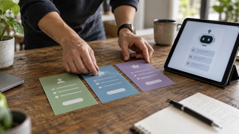 A product founder arranging physical pricing-tier cards next to a prototype AI app on a tablet