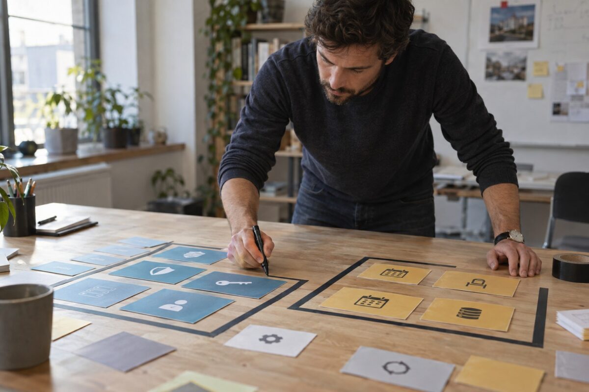 Technical lead marking ownership boundaries on printed system cards