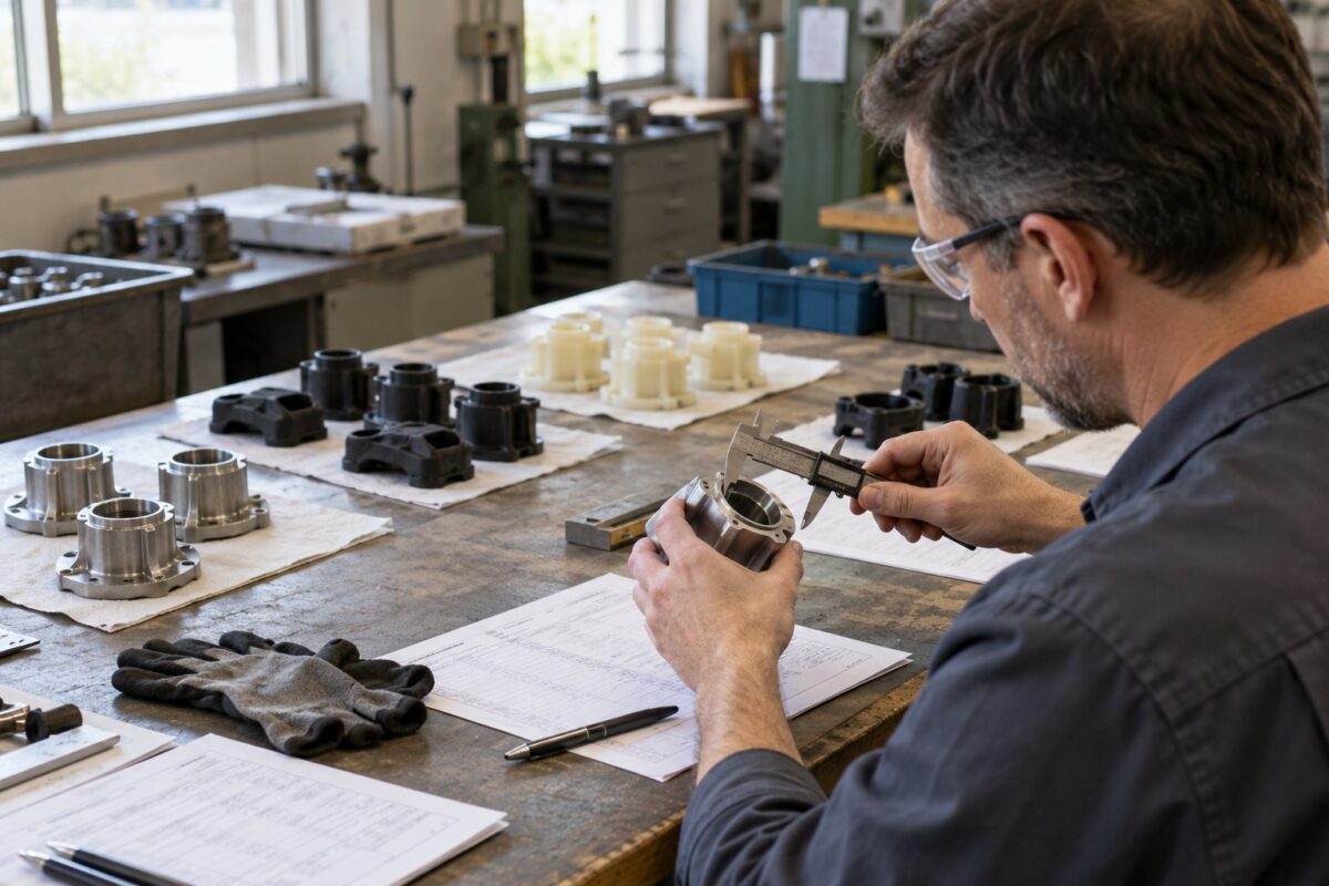 A manufacturing adviser reviews component samples before a consultation