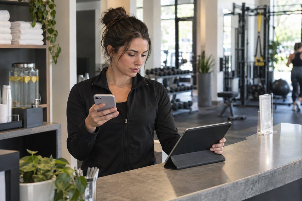 Receptionist comparing incoming inquiries from a phone and tablet