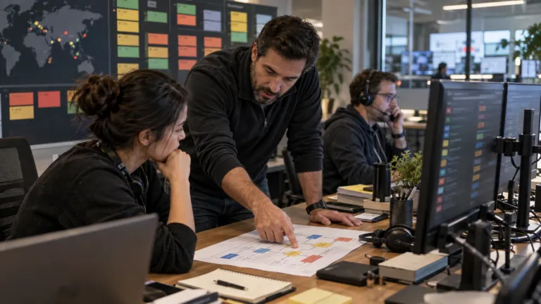Customer support team reviewing an escalation workflow while handling service tickets