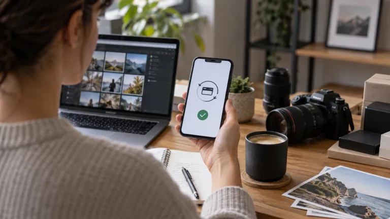A creator studio checkout moment: phone showing an abstract recurring payment confirmation beside camera gear and digital product setup