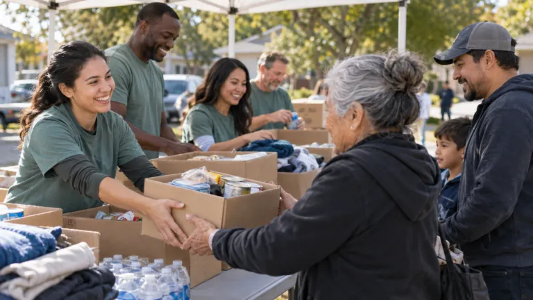 Volunteers distributing supplies at a neighborhood donation drive