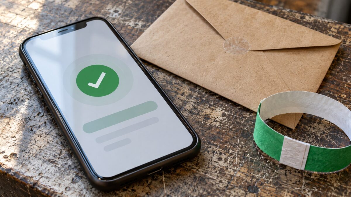 Close-up of a smartphone showing a green success check beside a sealed kraft envelope and green admission wristband on a worn workshop counter.