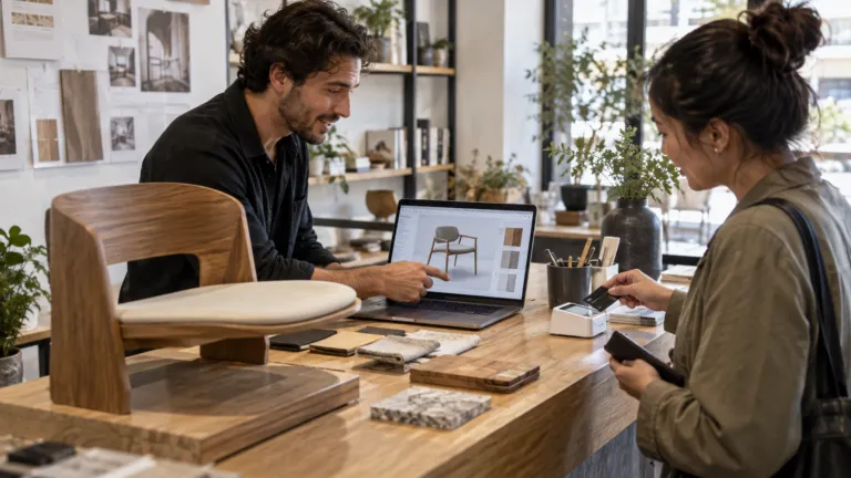 A startup maker demonstrating an unbranded AI-assisted design product to a paying customer at a studio counter