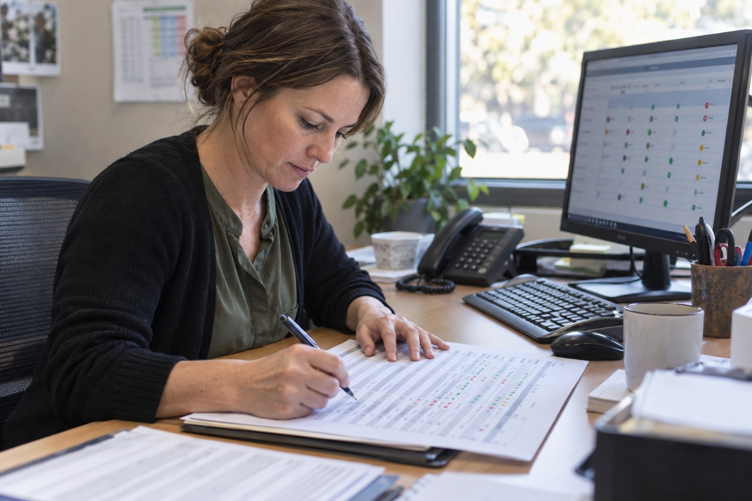 Operations manager checking consultation bookings at a desk