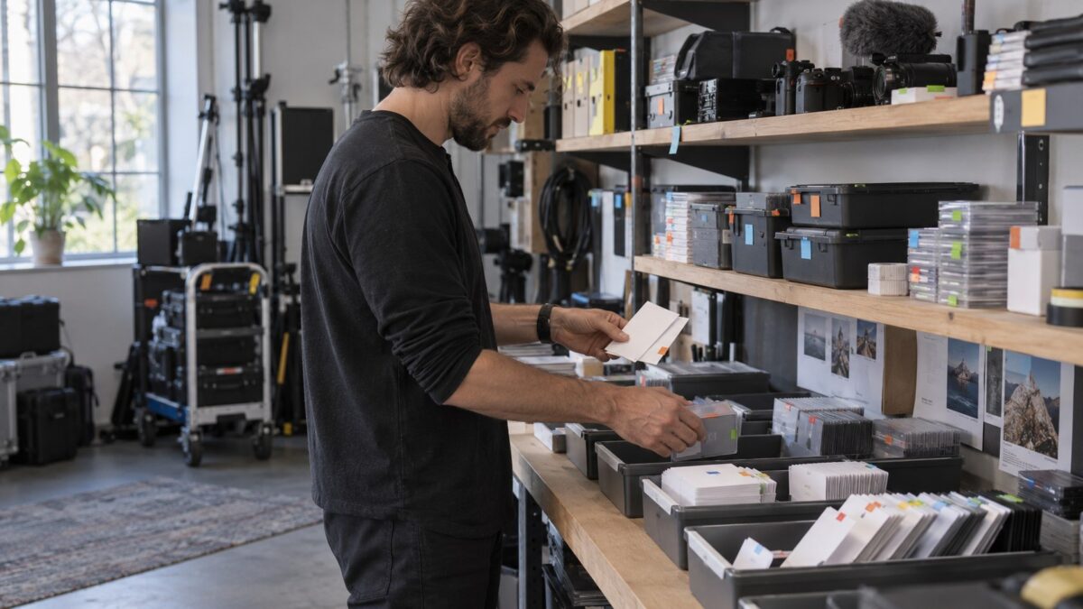 Standing creator sorts color-coded access cards and storage media into trays on studio shelving beside camera equipment.
