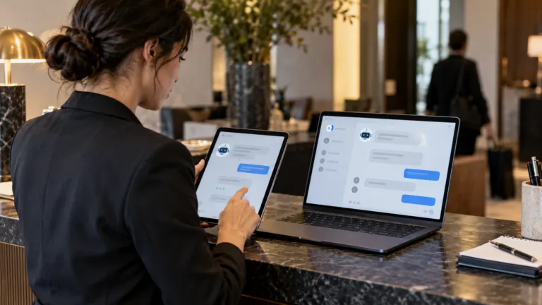 A customer-service operator comparing two unbranded AI support interfaces on tablet and laptop at a service counter
