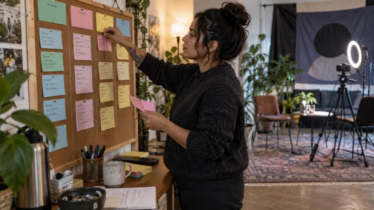A community moderator arranging color-coded rule cards and escalation notes on a physical board before an online event