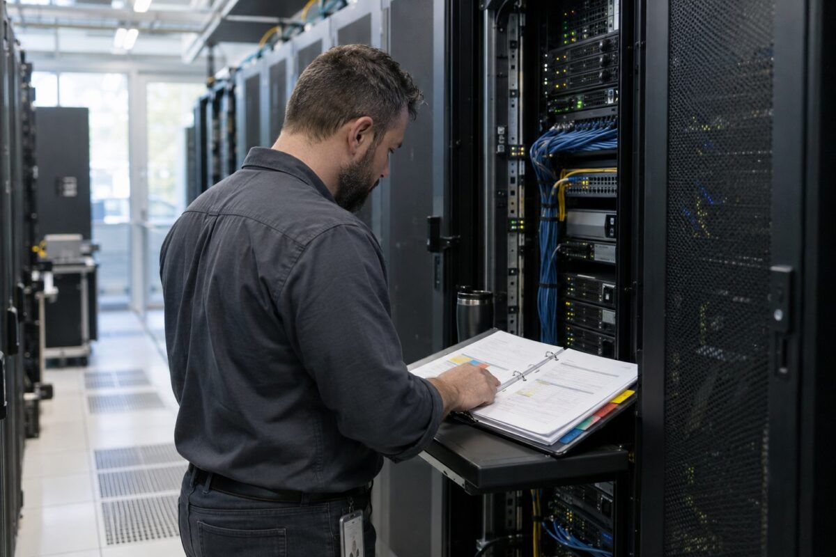 Operations lead checking an incident binder in a server room