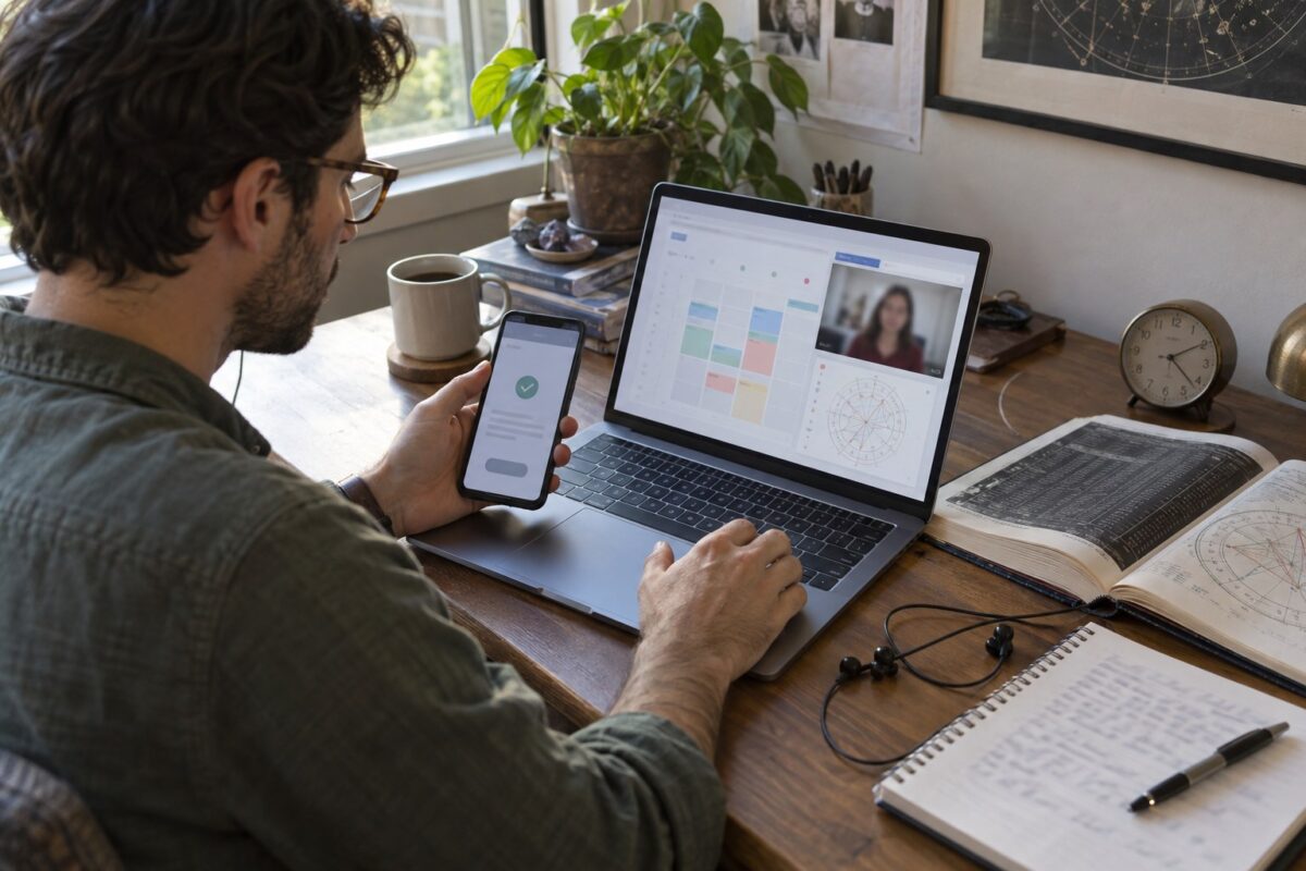 Founder testing a remote astrology booking workflow