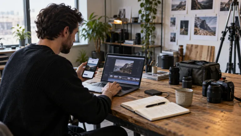 A product maker testing a creator upload and paid-access flow on two devices in a working studio