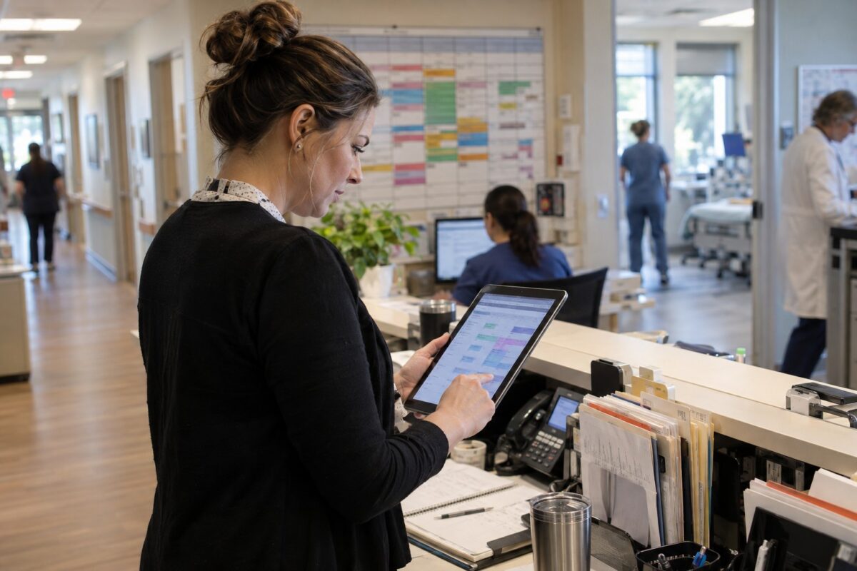 Clinic operations manager checking provider scheduling on a tablet