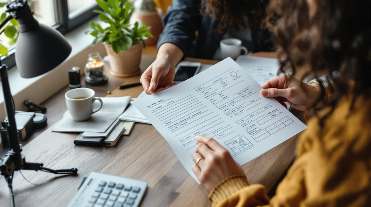 Freelancer reviewing an AI-assisted client deliverable at a home workspace