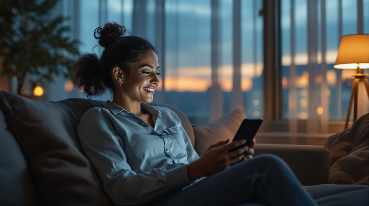 Adult using an AI companion chat privately at home