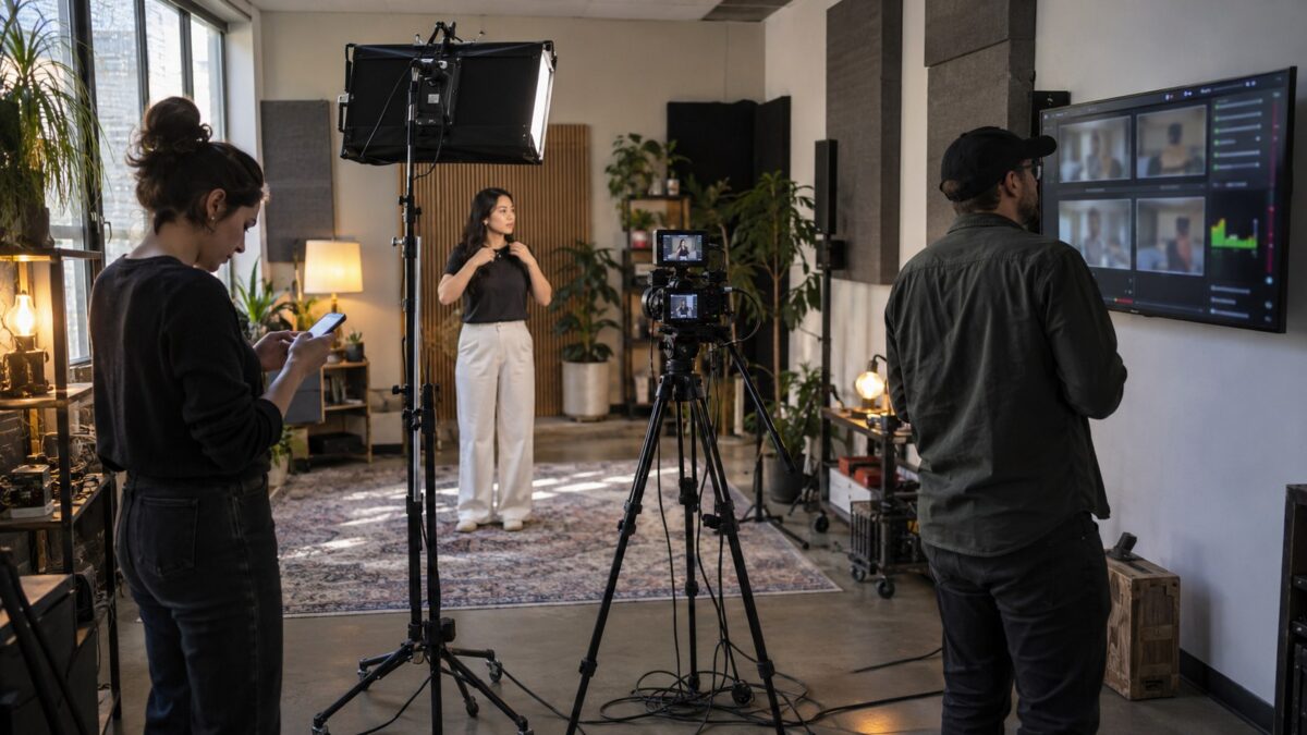 Three-person production team tests a livestream setup as a producer checks a wall monitor, a presenter adjusts her mic.
