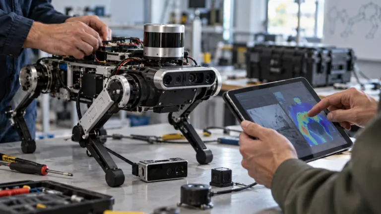 Engineers testing a custom AI prototype with real hardware sensors and a tablet at a product lab