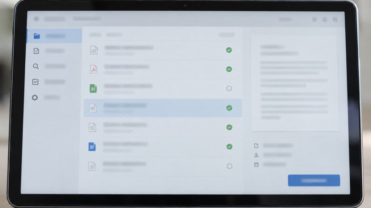 Close frontal view of an unbranded tablet showing blurred document rows, review fields, and check marks in soft natural light.