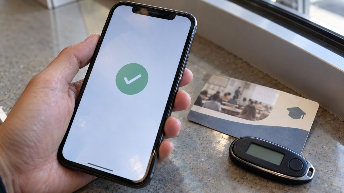Hand holding a smartphone with a simple payment confirmation beside a course enrollment card and bank token in soft window light.