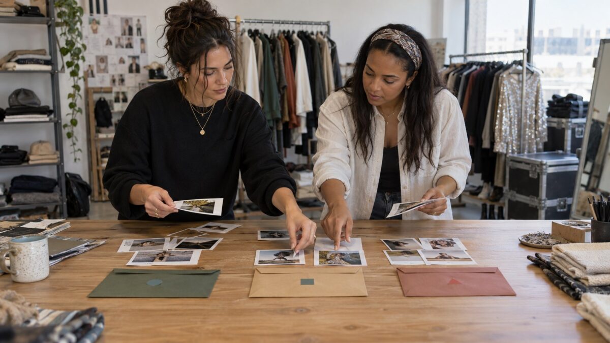 Creator and talent manager sort printed content proofs among three color-coded envelopes in a daylight wardrobe studio