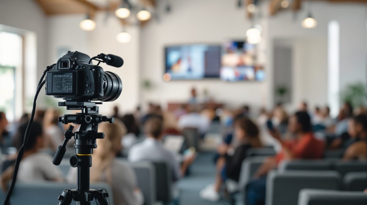 Church service livestream setup with a camera and screen for online worship