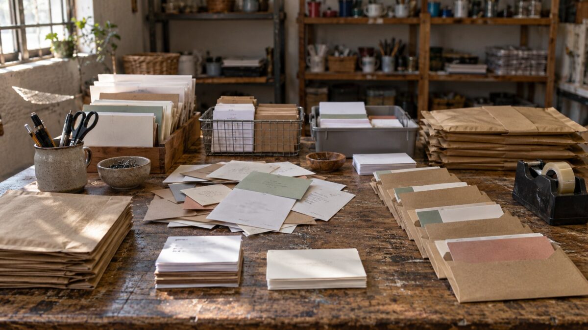 Welcome envelopes, content cards and support notes arranged in stages across a worn studio workbench in directional daylight.