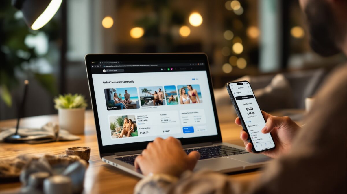 Online community platform shown on a laptop with member content and branded access