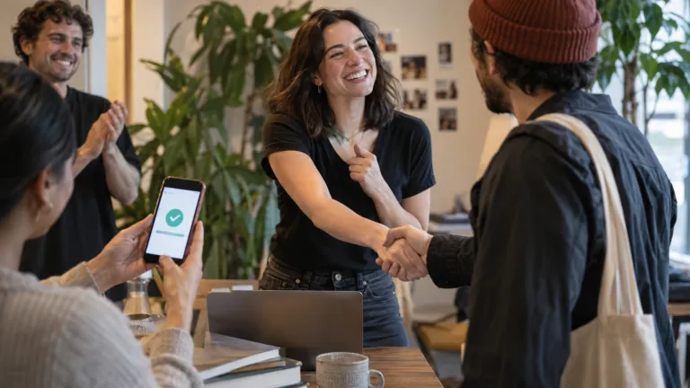A creator at a small launch event welcoming the first paying member while another phone displays an unbranded subscription confirmation